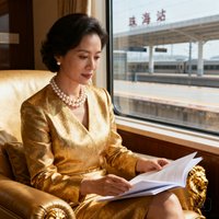 珠海某金融投资机构合伙人赵女士的优雅形象照，佩戴珍珠项链，坐在金狮贵宾厅沙发上翻阅文件，窗外可见珠海站站台。